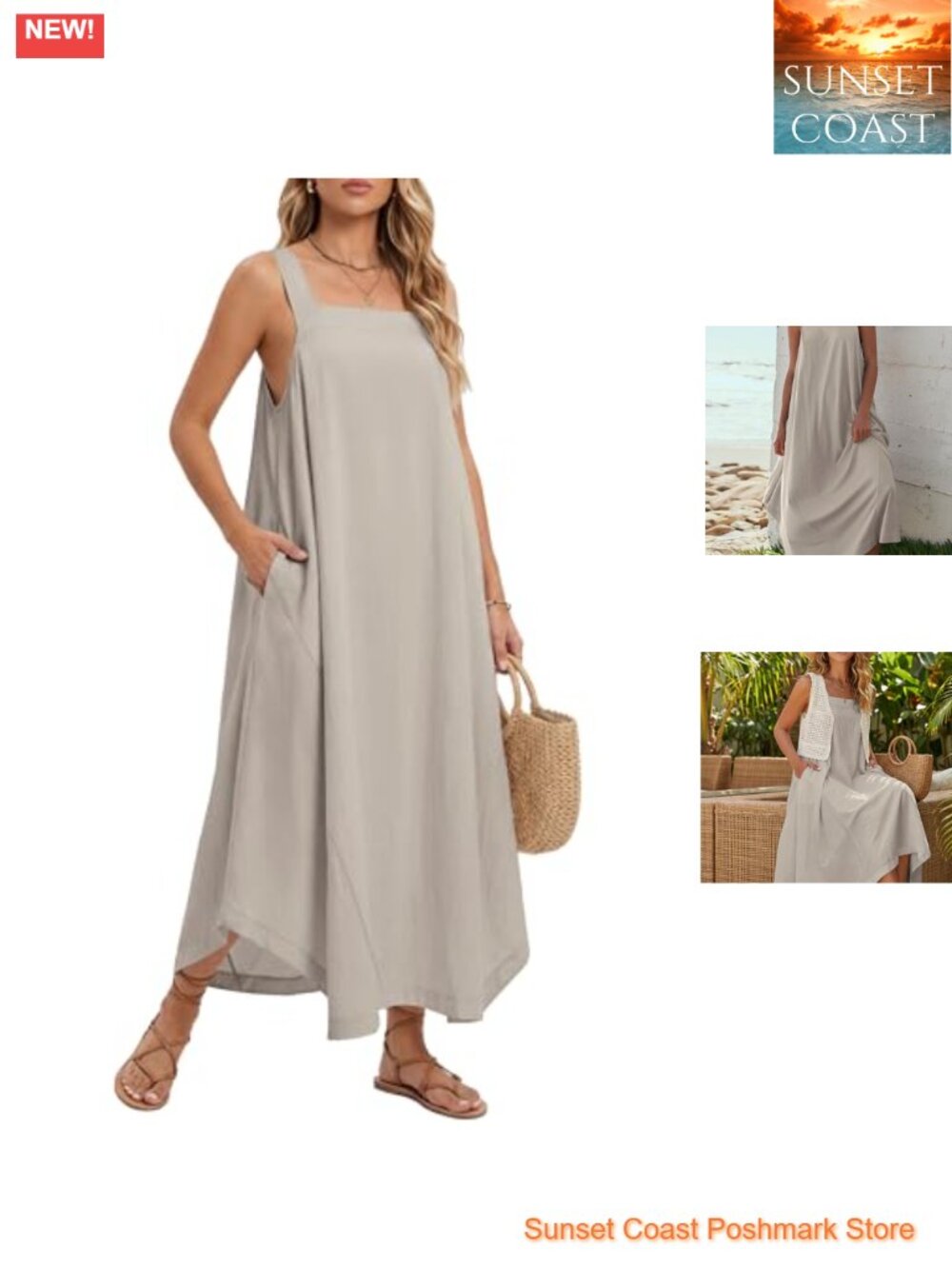Women's Square Neck Wide Strap Faux-Linen Boho Maxi Beach Dress